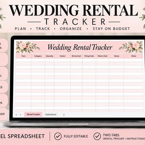 Op de afbeelding: Een digitaal spreadsheet voor het bijhouden van bruiloftsverhuur op een laptopscherm. De interface heeft een lichtroze koptekst met bloemaccenten, kolommen voor item, categorie, aantal, leverancier, kosten, datums, status en notities, plus een tabblad met instructies.
