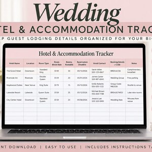 May include: A digital wedding hotel and accommodation tracker displayed on a laptop screen. The spreadsheet includes columns for hotel name, location, room type, rates, availability, deadlines, contact info, booking codes, and notes for guest lodging.