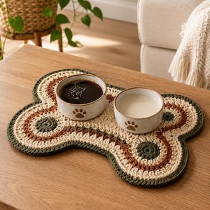May include: A bone-shaped crochet mat featuring concentric rings of cream, rust, and dark green yarn. Two speckled ceramic bowls sit on the mat, each decorated with a small brown paw print. One bowl contains dark liquid, the other white liquid.