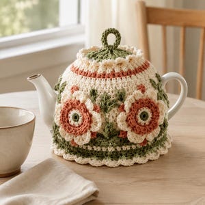 Puede incluir: Una tetera de cerámica blanca cubierta por una funda de ganchillo en hilo color crema, verde salvia y terracota. La funda tiene un borde festoneado, un asa superior en forma de bucle y motivos florales tridimensionales con pétalos.