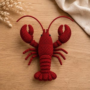 May include: A deep red crochet lobster toy featuring a segmented body, two large front claws, multiple thin legs, and two long antennae. The lobster has two small black bead eyes positioned on the upper part of its head, with a textured yarn finish.