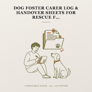 Può includere: Un grafico digitale con il testo DOG FOSTER CARER LOG & HANDOVER SHEETS FOR RESCUE F... e 7 PRINTABLE PAGES A4 + US LETTER. L'illustrazione mostra una persona che scrive su un blocco note accanto a un cane e una cartella con un'icona a zampa.