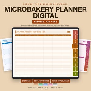 Pode incluir: Um planejador digital de micro-padaria para Goodnotes e Notability com um modelo de registro de alimentação e crescimento de fermento natural. A interface inclui uma grade para rastrear datas, proporções de farinha, temperatura ambiente e notas.