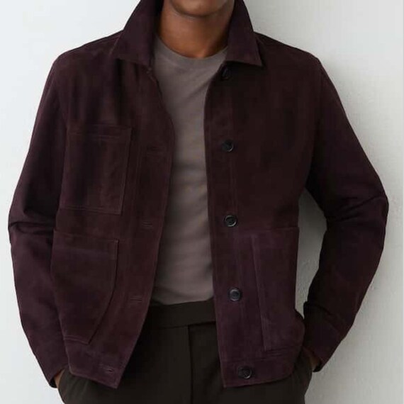 Reiss, Reiss Bordeaux Wilstead Suede Button-Through Trucker Jacket Men Vintage Western Outerwear