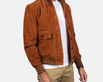 Chaqueta bomber de ante marrón Eaton para hombre, abrigo de cuero estilo western vintage, ante auténtico, ropa de abrigo informal.