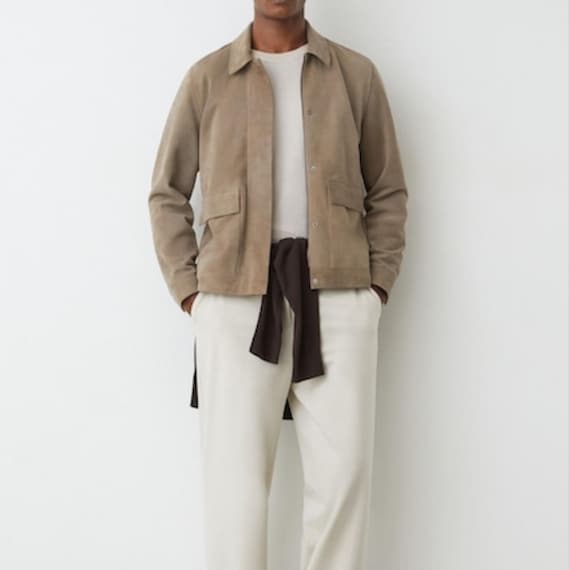 Reiss, Reiss Taupe Brown Granular Suede Twin-Pocket Jacket Men Vintage Western Outerwear