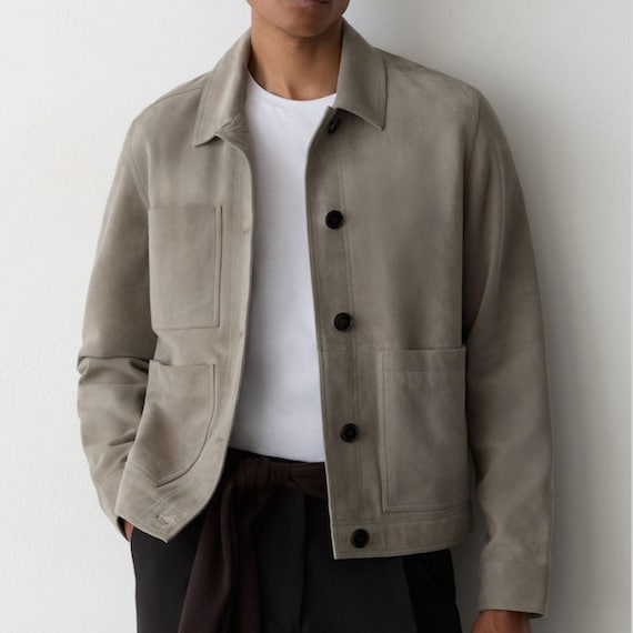 Reiss, Reiss Grey Wilstead Suede Button-Through Trucker Jacket Men Vintage Western Outerwear