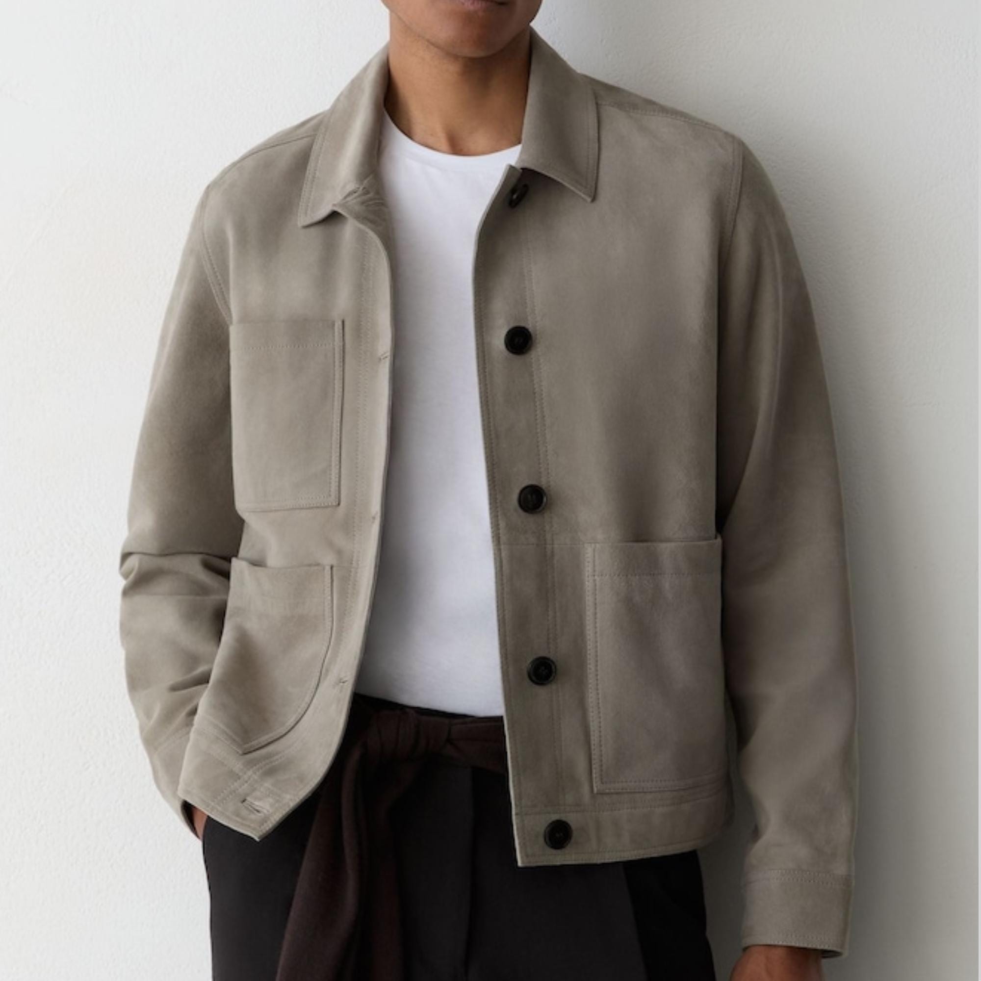 Reiss, Reiss Grey Wilstead Suede Button-Through Trucker Jacket Men Vintage Western Outerwear