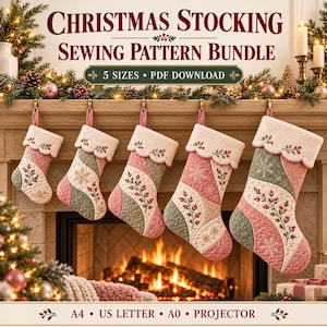 Christmas Stocking Sewing Pattern PDF, 5 Sizes Mini to Jumbo, Quilted Patchwork Stocking with Scalloped Cuff, A4 Letter A0 Projector