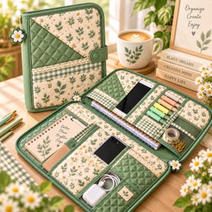 May include: A sage green fabric organizer case featuring a quilted pattern, floral print, and gingham trim. The interior includes slots for pens, a smartphone, a notebook with the text Better Plans Brighter Days, and a charging cable.