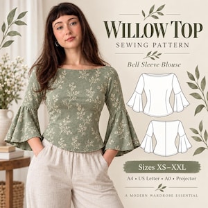 May include: A sage green blouse with a cream-colored botanical print, featuring a boat neckline and flared bell sleeves. The image includes text reading Willow Top Sewing Pattern, Bell Sleeve Blouse, Sizes XS-XXL, A4, US Letter, A0, Projector.