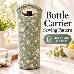 May include: A quilted fabric bottle carrier featuring a sage green background with a white daisy floral pattern. The carrier has a circular handle opening at the top. Text on the image reads: Bottle Carrier Sewing Pattern, Step-by-Step ZIP FILE.