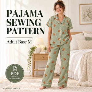 May include: A sage green pajama set featuring a repeating pattern of brown teddy bears and small white dots. The top has a collared neckline, short sleeves, a front button closure, and a chest pocket. The pants have a straight-leg fit.