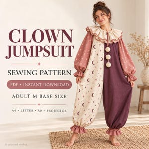 May include: A clown jumpsuit sewing pattern featuring a split-color design with a cream side adorned with crescent moons and stars, and a solid dark purple side. The garment includes a ruffled collar, three pom-poms, and gathered cuffs at the wrists and ankles.