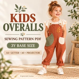 Kids Overalls Sewing Pattern PDF, Toddler Dungarees 3Y Base Size, Botanical Patchwork Pockets, A4 Letter A0 Projector