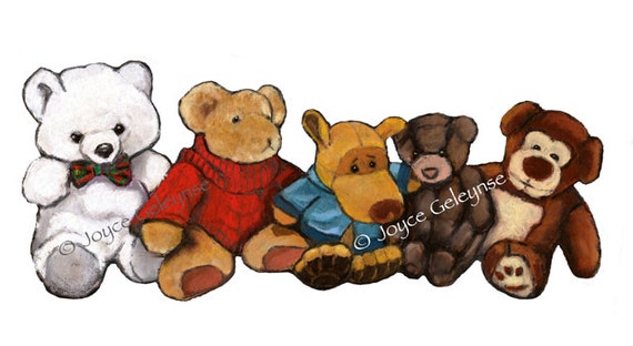 Freehand Clip Art Five Stuffed Animals in a Row Oil Pastel | Etsy