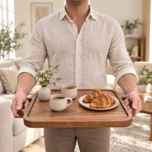 May include: A square wooden serving tray with integrated handles holding two speckled ceramic mugs filled with dark coffee, a small white vase with green sprigs, and a white plate containing three golden-brown flaky croissants.