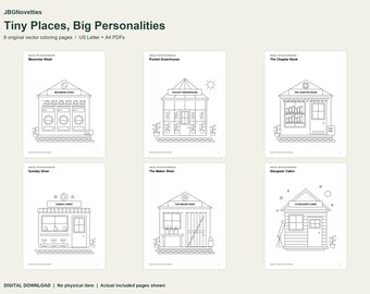 Páginas para colorir aconchegantes em PDF: Lugares pequenos, 6 cenas (tamanhos Carta e A4)