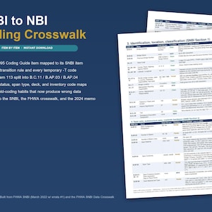 May include: A 9-page PDF document titled SNBI to NBI Coding Crosswalk, featuring a detailed table mapping 1995 coding guide items to SNBI items, including FHWA transition rules, temporary -T codes, and specific data on bridge identification and classification.
