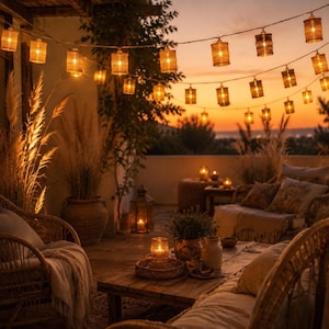 May include: A string of glowing cylindrical lanterns suspended above an outdoor patio area. The scene includes wicker chairs with light-colored cushions, a wooden coffee table with a lit candle, and potted plants against a sunset background.