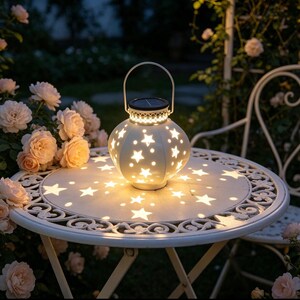 May include: A white spherical solar lantern with a metal handle and cut-out star patterns that project light onto the surface below. The lantern features a solar panel on the top rim and emits a warm glow, illuminating the surrounding area.