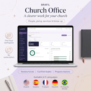 Könnte beinhalten: Ein Laptop mit der BRAFIL Church Office Software-Oberfläche, die ein Dashboard mit Finanzdaten, Beitragsdiagrammen und Navigationsmenüs zeigt. Der Text umfasst Church Office, A clearer week for your church und Available in 5 Languages.