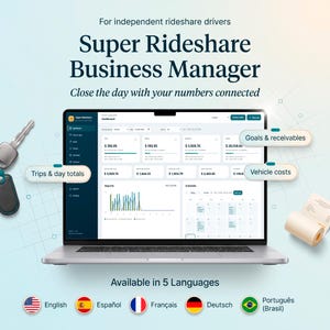 May include: A laptop displaying the Super Rideshare Business Manager dashboard with financial data, trip totals, and vehicle costs. The screen shows charts and schedules. A car key and a roll of paper receipts are placed on the sides of the laptop.