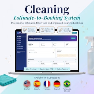 May include: A laptop screen displaying a Cleaning Estimate-to-Booking System dashboard with sections for Branded Estimates, Follow-Up Queue, and Linked Bookings. The interface shows financial data, a needs attention list, and an estimate pipeline.