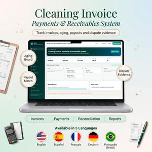 Puede incluir: Un portátil que muestra un panel de control de sistema de facturación y pagos de limpieza. La pantalla presenta datos sobre facturas, vencimientos y pagos. Incluye un portapapeles, un lector de tarjetas y un bolígrafo.
