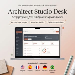 Könnte beinhalten: Ein Laptop, der das Dashboard der Software Architect Studio Desk anzeigt, mit dem Text For independent architects & small studios, Architect Studio Desk, Keep projects, fees and follow-up connected, Architectural stages, Materials & visits, Seller commissions und Available in 5 Languages.