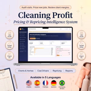 Könnte beinhalten: Eine digitale Benutzeroberfläche für ein System zur Preis- und Nachpreiskalkulation von Reinigungsgewinnen auf einem Laptop-Bildschirm. Das Dashboard enthält Bereiche für Job-Audit, Zielpreis und Kundenpassung mit Datenvisualisierungen.