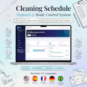 Peut inclure: Un système numérique de planification de nettoyage, de répartition et de contrôle d'itinéraires affiché sur un écran d'ordinateur portable. L'interface présente un tableau de bord avec des indicateurs de tâches, la capacité des équipes et le statut.