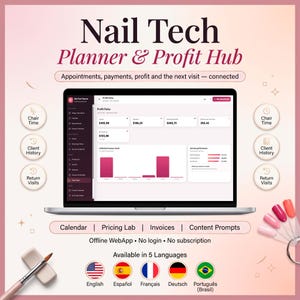 Könnte beinhalten: Ein digitaler Nail Tech Planner & Profit Hub auf einem Laptop-Bildschirm mit Finanzdaten, Terminverwaltung und Leistungsdiagrammen. Enthält Symbole für Stuhlzeit, Kundenhistorie und Wiedervorstellungen sowie einen Nagelpinsel.