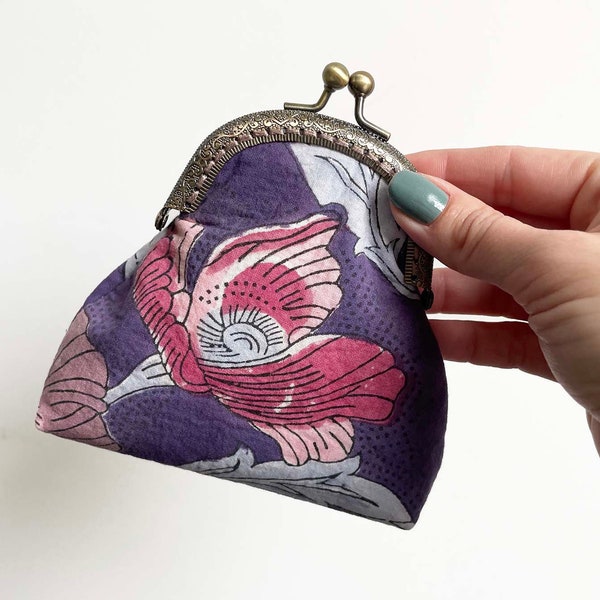 Purple and Pink Handsewn Boho Block Print Change Purse Card Holder with Brass Kiss Lock Frame-Gift for Her