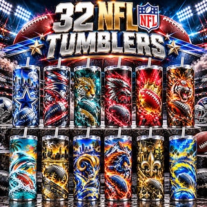 May include: A collection of twelve cylindrical tumblers with straws, each featuring distinct graphic designs including NFL team-inspired imagery, footballs, city skylines, animals, and lightning, with the text 32 NFL TUMBLERS at the top.