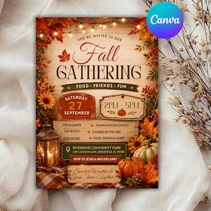 Puede incluir: Un folleto de invitación para una reunión de otoño con fondo de madera rústica, hojas de otoño, luces, calabazas y una linterna. El texto incluye: You're invited to our Fall Gathering, Saturday 27 September, 2pm-5pm, Riverbend Community Park.