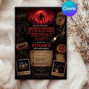 Op de afbeelding: Een rechthoekige verjaardagsuitnodiging met een rood en zwart thema, voorzien van een silhouet van een wezen voor een rode maan. De tekst bevat Stranger Birthday Party, Ethan's 12th Birthday en details voor zaterdag 26 juli 2025.
