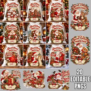 Jultomtesäck PNG-paket, julklappspåsedesigner, Nordpolens jultomtepåse PNG (digital nedladdning)