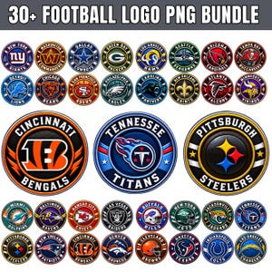May include: A digital collection of 30+ football team logos presented as circular icons. The graphic features various professional team emblems in vibrant colors, arranged in rows with the text 30+ FOOTBALL LOGO PNG BUNDLE at the top.