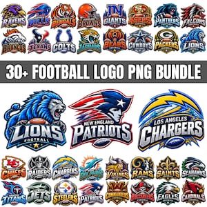 May include: A digital collection of over 30 professional American football team logos in PNG format, featuring colorful emblems for teams like the Lions, Patriots, Chargers, Ravens, and Bills, with the text 30+ FOOTBALL LOGO PNG BUNDLE.