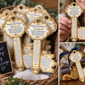 May include: A collection of key-shaped paper cards featuring the text Priesthood Keys Unlock God's Greatest Blessings For His Children and Matthew 16:19. The cards are cream-colored with gold borders and are displayed in a basket with a small chalkboard sign.