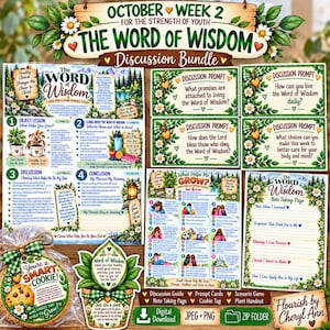 Puede incluir: Un paquete de discusión digital titulado October Week 2 For The Strength Of Youth The Word Of Wisdom. Incluye hojas de lecciones, tarjetas de discusión, una página de notas, un folleto con temática de plantas y una etiqueta de galleta.