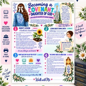 May include: A digital discussion guide for a September young women lesson titled Becoming a Covenant Daughter of God. The document features four numbered sections with lesson plans, floral illustrations, and text about faith, service, and testimony.