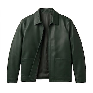 Men's Dark Green Leather Jacket, Turn-Down Collar, Minimalist Outerwear