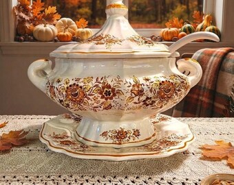 Zuppiera vintage Giftcraft Toronto con vassoio e mestolo - Ceramica con motivo floreale autunnale - Decorazione rustica per la tavola in stile cottagecore