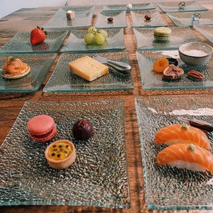 1970s textured glass vintage sushi service, 16-piece set of plates and trays