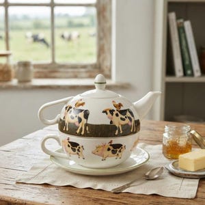 May include: A white ceramic tea-for-one set consisting of a teapot, a teacup, and a saucer. The teapot and cup feature illustrations of black and white cows and pink pigs with small chickens perched on their backs, set against a dark green band.