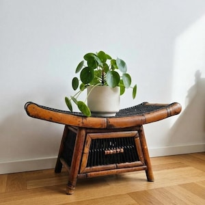 May include: A low, curved bamboo stool with a dark brown finish and black woven accents. The stool features a rectangular base with a central drawer pull and a concave top surface. A Pilea peperomioides plant in a light grey pot sits on top.