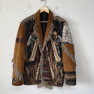 Handgefertigte Patchwork-Cordjacke mit Gobelinmuster, einzigartiges, umgearbeitetes Kunststück