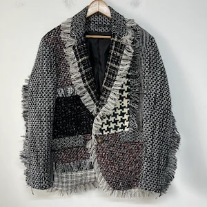 Handgemaakte, herwerkte jas, unieke patchwork blazer, geruite zwart-witte artistieke blazer, cadeau voor hem
